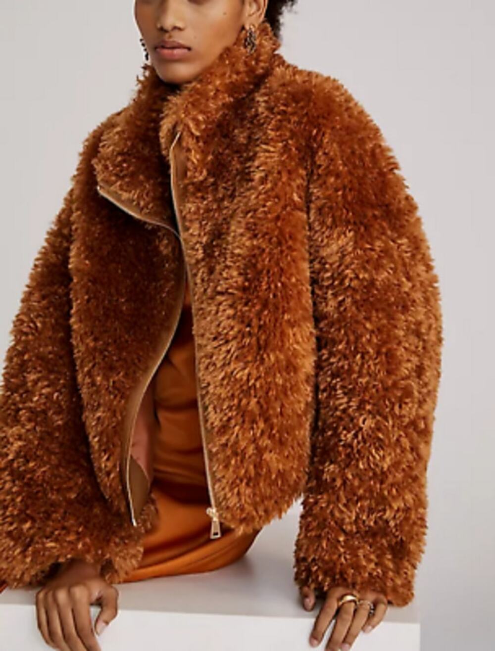 Anthropologie Maeve Teddy Faux Fur Jacket Honey Brown High Collar Zip Up XL